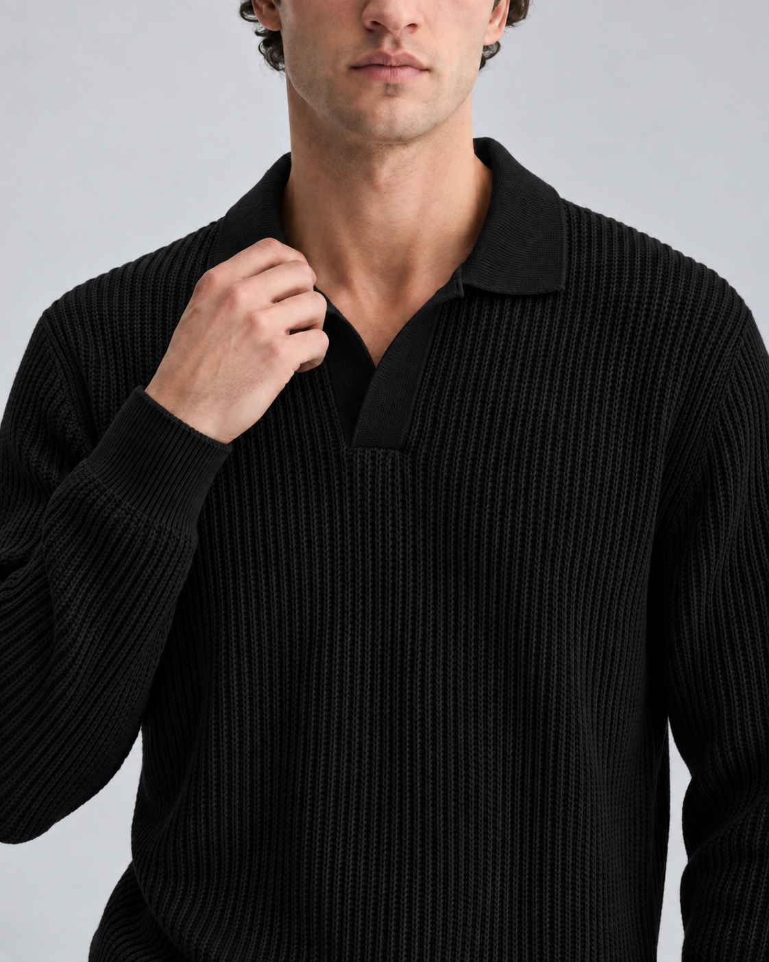 Fitilli Polo Yaka Triko Kazak – siyah