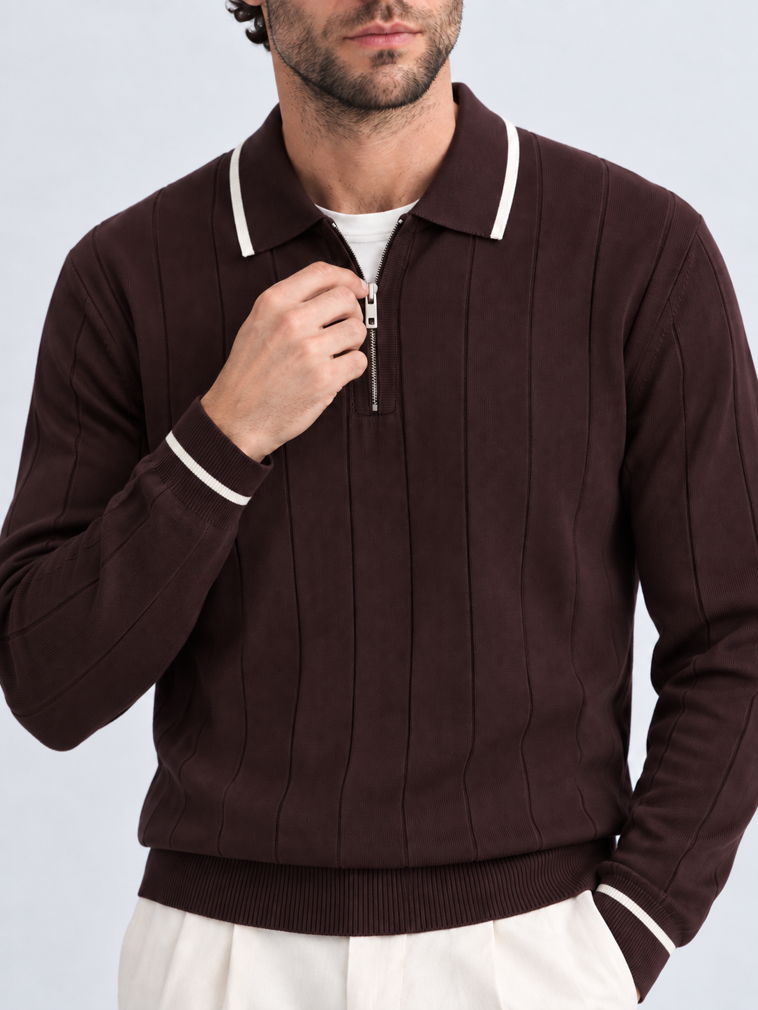 Yarım Fermuarlı Polo Yaka Triko Kazak – bordo